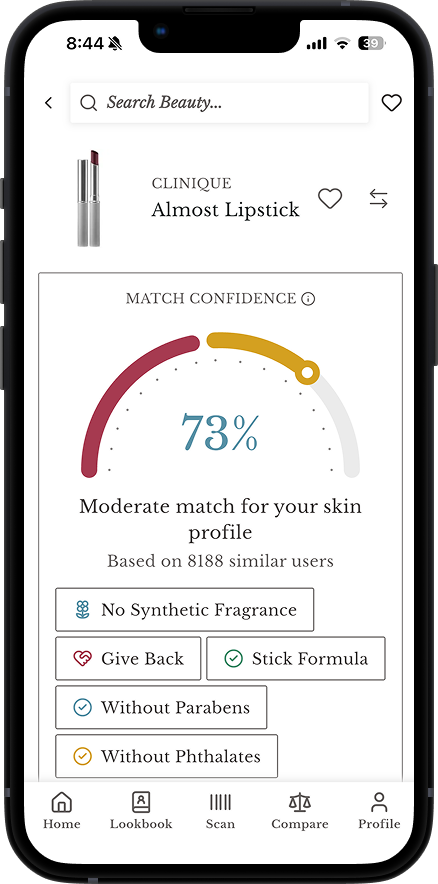 Sorcea app showing a 73% skin match score for a lipstick